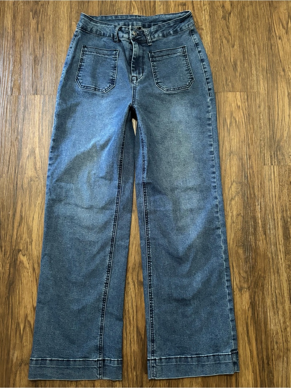 Vintage Wash Wide Leg Denim Jeans Front Patch Pockets Size 8